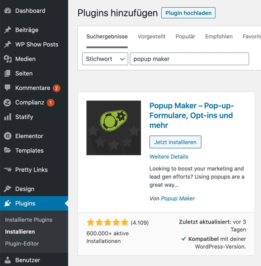 WordPress Popup Maker Plugin installieren