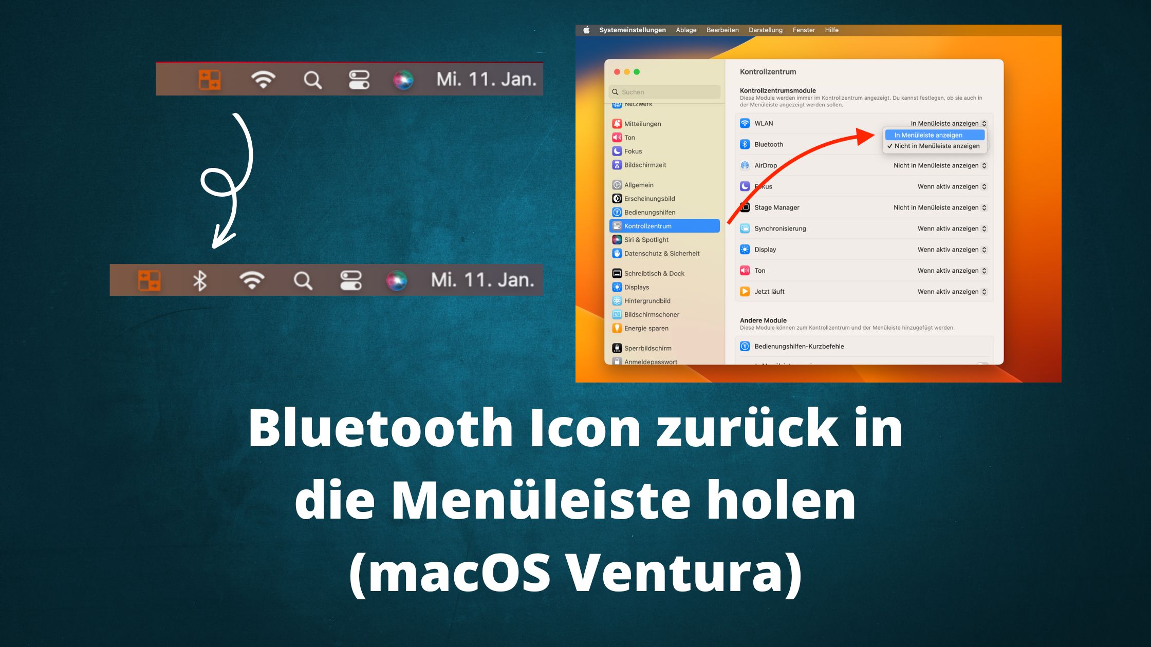 Bluetooth Icon der Menüleiste hinzufügen (macOS Ventura)
