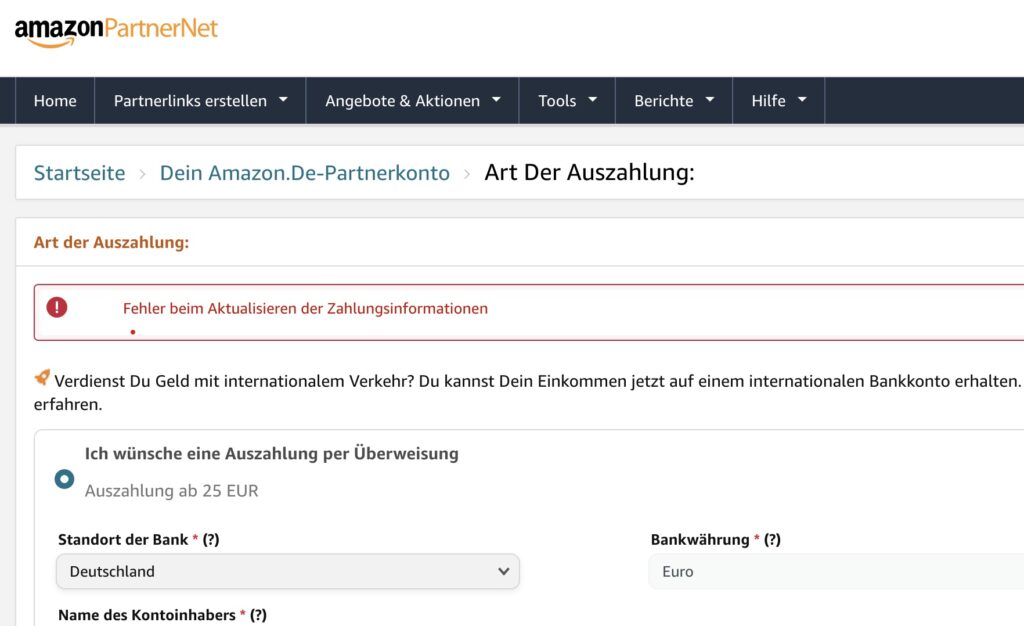 Screenshot vom 08.01.2024 im Amazon PartnerNet: "Fehler beim Aktualisieren der Zahlungsinformationen"  