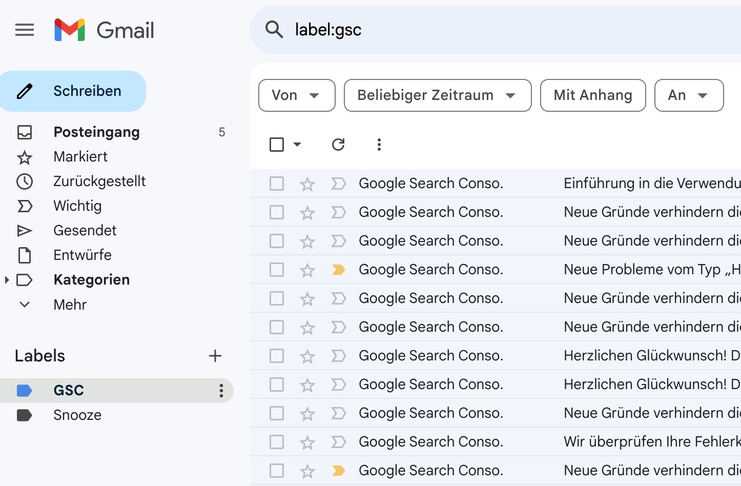 Neuer Filter mit den Mails in Gmail