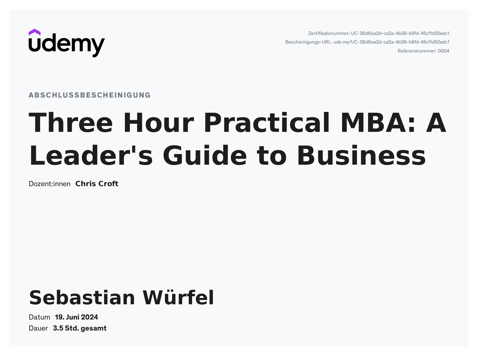Udemy 3 Hours Practical MBA Course Certificate