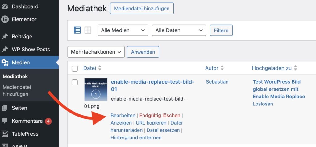 Bild in WordPress Mediathek öffnen